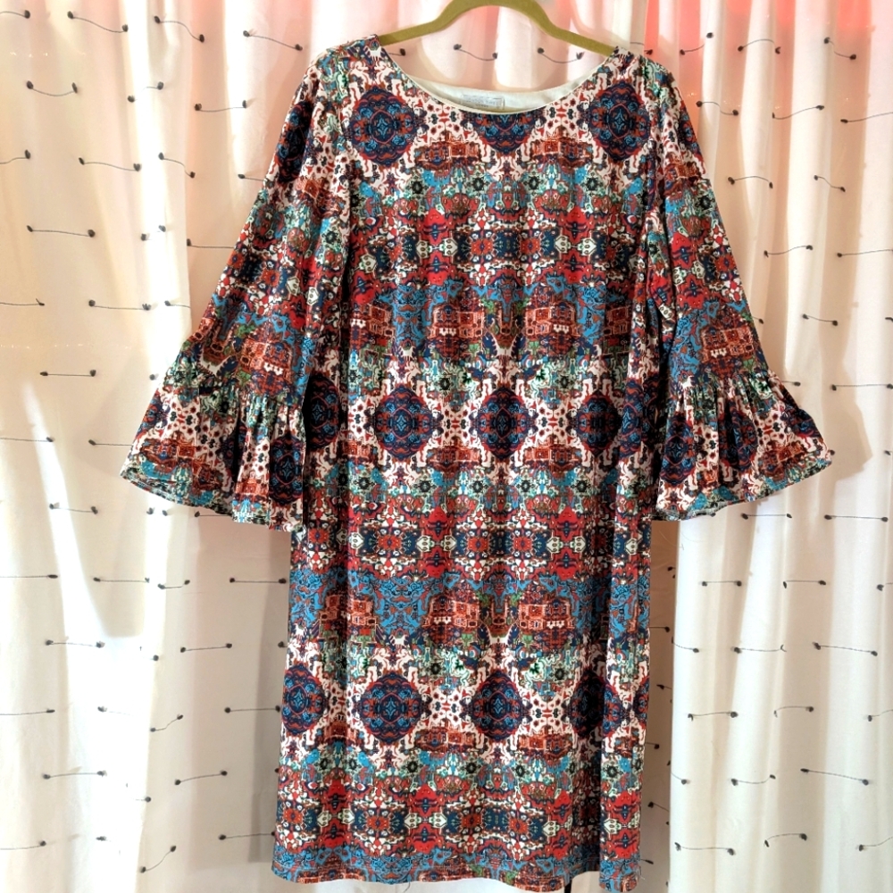 London Times Boho Printed Bell-Sleeve Shift Dress - Multicolor 1X New w/out Tags